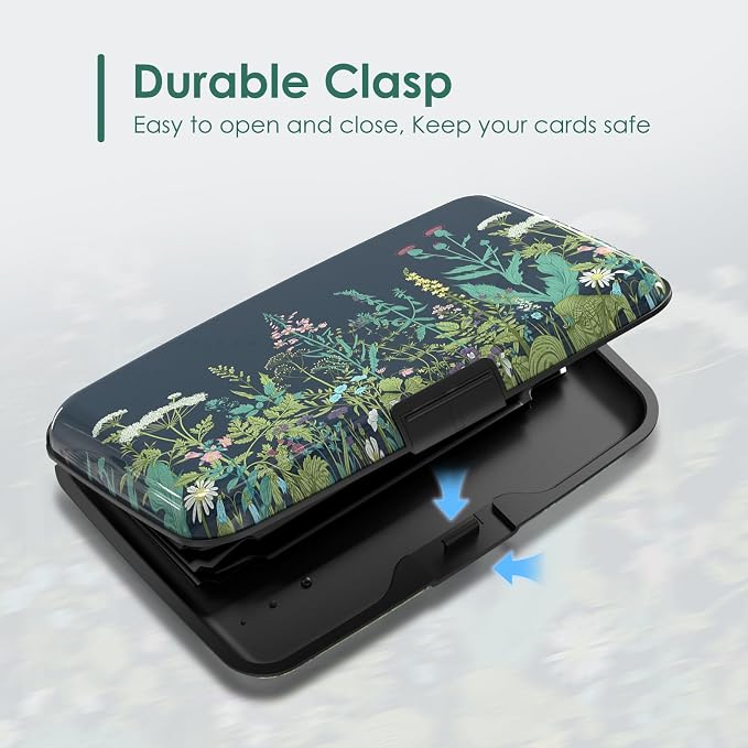 Credit Card Holder RFID Blocking, Mini Aluminum Hard Case, Plant Flowers Small Business Metal Wallet for Women Men