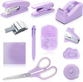 Purple Desk Accessory Kit Cute Office Supplies Set Desktop Stapler Set Includes Staple Remover Hole Punch Tape Dispenser Ballpoint Pen Scissor Mini Box Cutter Tape Measure Paper Clips Sticky Notes