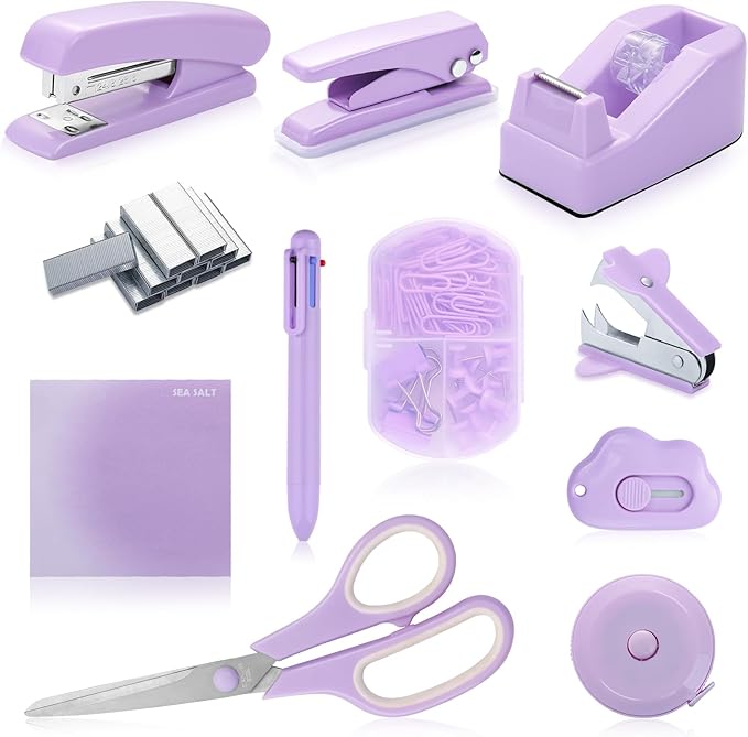 Purple Desk Accessory Kit Cute Office Supplies Set Desktop Stapler Set Includes Staple Remover Hole Punch Tape Dispenser Ballpoint Pen Scissor Mini Box Cutter Tape Measure Paper Clips Sticky Notes