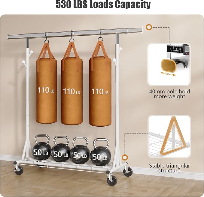 Gewudraw Clothes Rack Heavy Duty 530 LBS Capacity, Portable, Foldable,White | Rolling Clothing Rack With 4" Wheels,Shelf, Hooks, Adjustable, Collapsible, Garment Rack for Wardrobe,Bedroom, Laundry Room