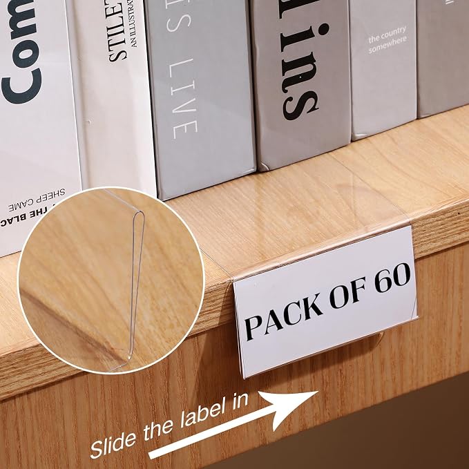 Containlol 60 Sets Moveable Shelf Label Display Holders with Label Inserts and Marker Clear Shelves Tag Plastic Shelf Markers Teachers Gift for Classroom Office Book Shelves(3 x 1.6 Inch)
