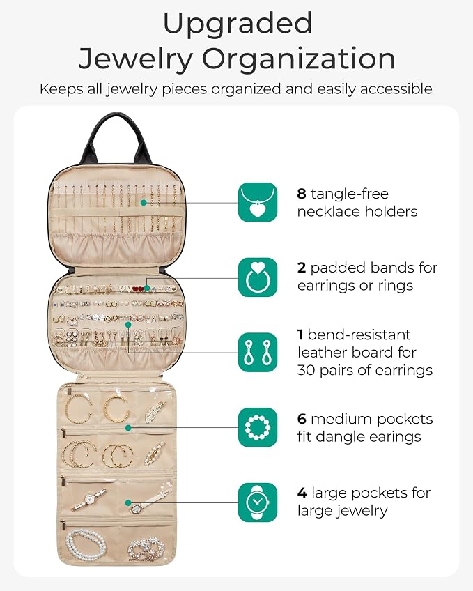 BAGSMART Travel Jewelry Case, Hanging Jewelry Organizer with Zipper Pockets, Large Capacity Puffy Jewelry Roll for Earrings, Necklaces, Rings on Closet, Wall, Door, Portable Travel Essentials, Pink