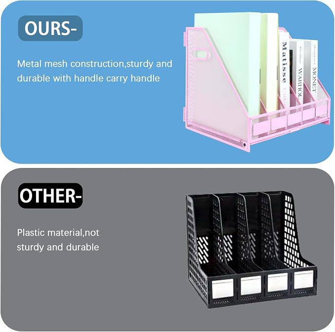 Desk Organizers Metal Magazine File Holder Racks Desktop Folder Storage Binder Organiser Document Organization for Home Office & Classroom,5 Vertical Compartments-Pink