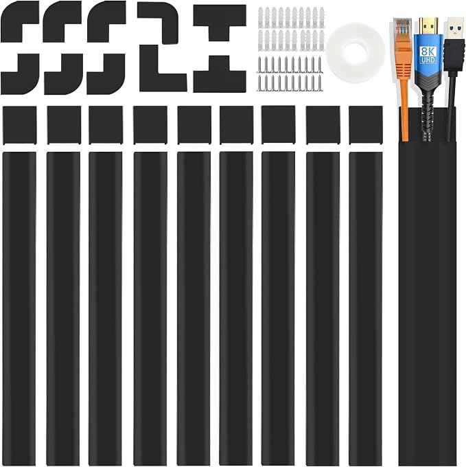 157" Cord Cover Raceway Kit, Large Cable Cover for Wall, Black | 157" wall cable cover kit hides TV and power cords with paintable raceways and customizable connectors