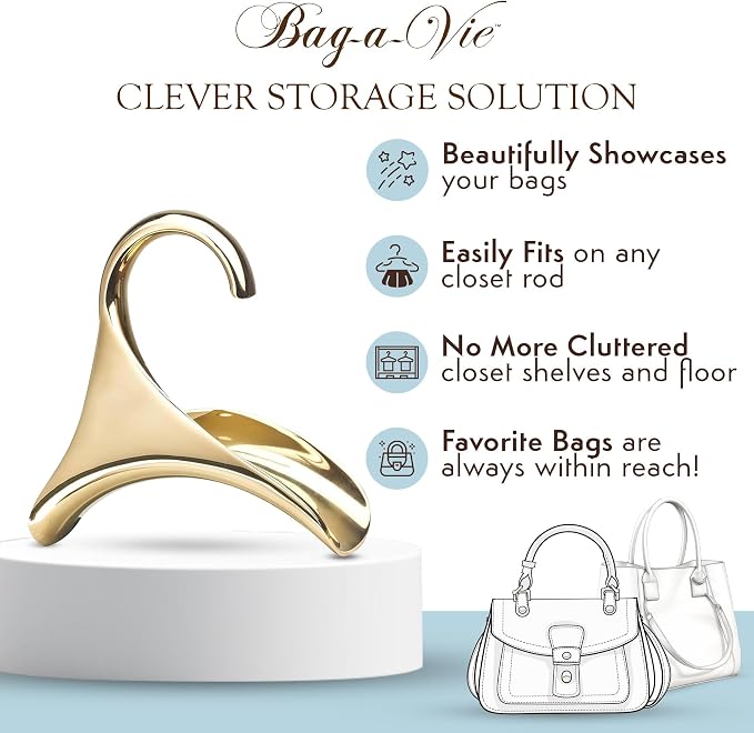 Bag-a-Vie Gold Metal Hangers Combo Pack 6 (3 Purse Hangers + 3 Clothes Hangers) Closet Organizer Set for Handbags, Coats & Suits