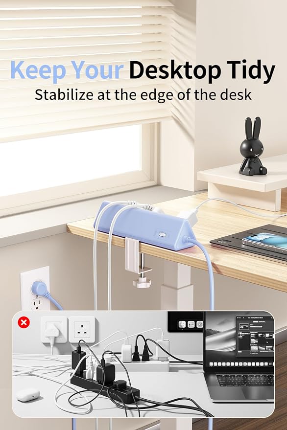 6.5 FT Desk Clamp Power Strip with 5 AC Outlets & 6 USB Ports PD 40W USB-C Fast Charging, Extension Cord with Multiple Outlets, Fits 2.1 in top Edge Blue