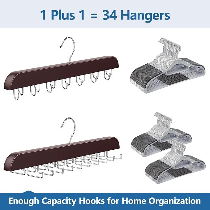 2 Pack Tie Rack & Belt Hanger 2 in 1 Tie Hanger Space Saving Max 42 Belts& 60 Ties Capacity for Closet Organizers and Storage, Sturdy Wood Belt & Tie Closet Organizers and Storage