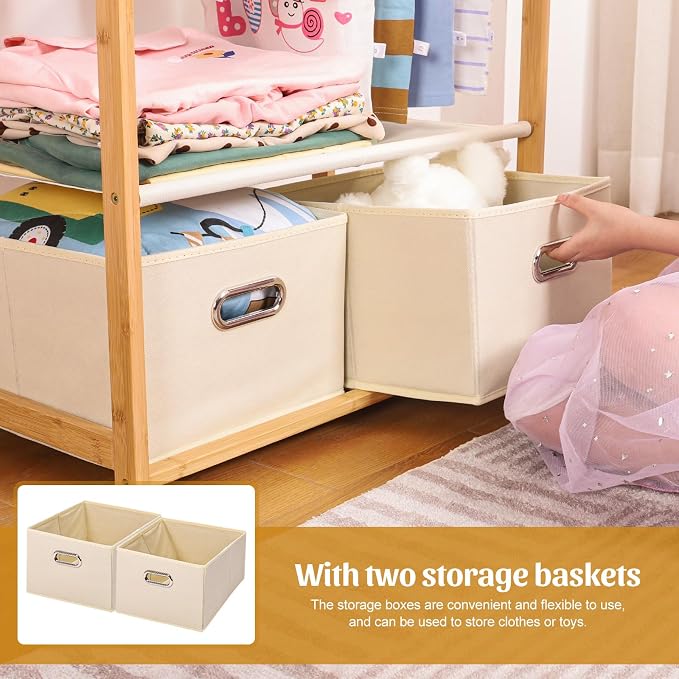Bamboo Kids Clothing Rack: Holds Up To 121 Lbs of Dress-Up Clothes | 2 Adjustable Hanging Rods & 2 Storage Baskets With Shelf. Child Garment Holder for Playroom & Toddler Bedroom (Natural)