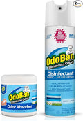 OdoBan Ready-to-Use Disinfectant and Harsh Smell Eliminator, Air and Pet Aroma Freshener and Purifier, Set of 2, 14.6 Ounce 360-Degree Continuous Spray and 14 Ounce Scent Absorber, Fresh Linen Scent