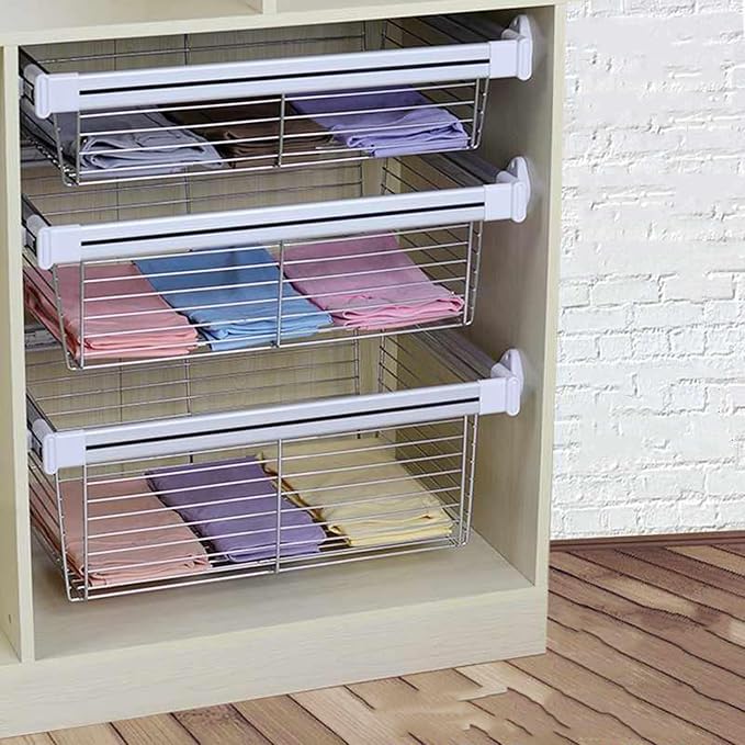 Pull Out Cabinet Storage Basket 1 Piece,Stackable Detachable Baskets,Metal Wire Mesh Storage Basket Organizer,for Kitchen Office Wardrobes Cupboard,Bearing Capacity 30kg(White,460x564x170mm)