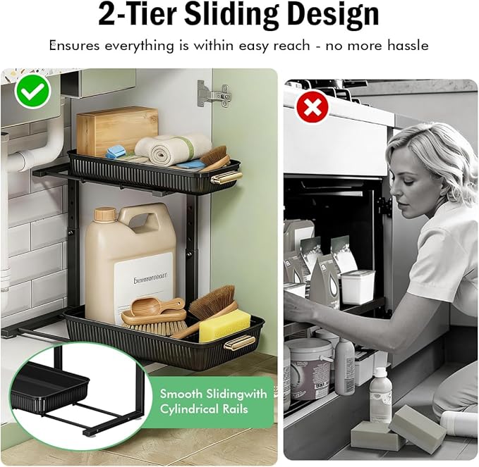 ARSTPEOE Under Sink Organizer - 2 Packs Multi-Purpose Pull-Out Storage Organizers, Slide out Pull out Cabinet Organizer Shelf, Storage for Kitchen Bathroom, Black
