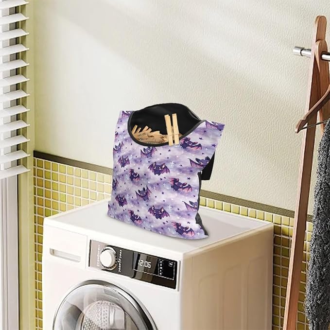Purple Bat Clothespin Bag Space-Saving Laundry Hanging Storage Organizer Clothes Pin Hanging Bag with Rope Holds 100 Clothes Pins for Clothesline Outdoor Clothespin Accessory Bag