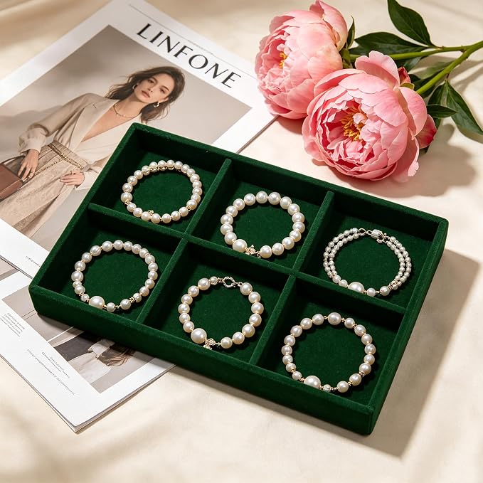 Velvet Jewelry Trays for Drawers, Dark Green Stackable Jewelry Drawer Organizer Inserts, Ring Earring Necklace Bracelet Holder Organizer Storage Display Tray with Removable Dividers, 6 Grids