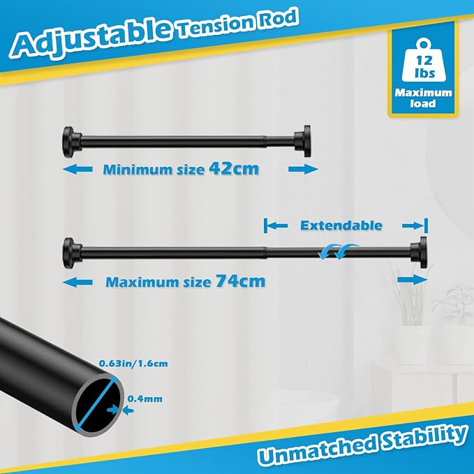 2pcs Spring Tension Rods 18 to 28 Inch Adjustable Small Tension Rod No Drilling Short Black Curtain Rod Expandable for Window, Cupboard, Closet, Wardrobe, DIY Projects