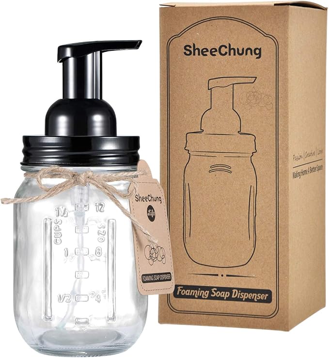 SheeChung Mason Jar Foaming Soap Dispenser-Rustproof Stainless Steel Lid & Foaming Soap Pump, Refill Foam Hand Soap Dispenser Glass for Bathroom Kitchen Vanities, Countertops-Black (1 pk)