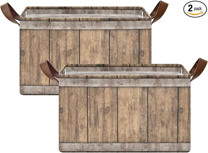 Rust Light Brown Wood Grain Storage Basket Foldable Cube Storage Bins with Handles&Label Collapsible Organizer Box Bin Large Rectangle Decorative Baskets for Shelves Home Living Room Closet, 2 Pack