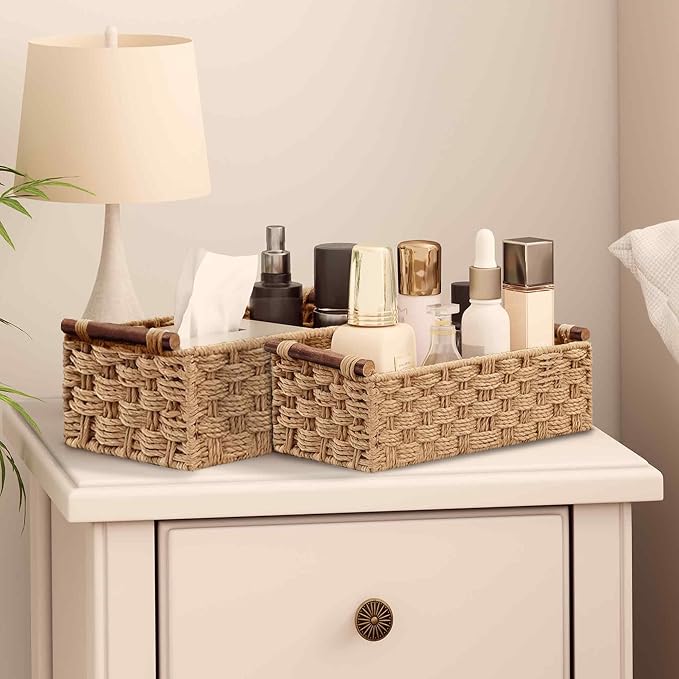 Vagusicc Wicker Storage Basket, Set of 2 Hand-Woven Paper Rope Wicker Basket for Organizing with Handle Decorative Storage Bins for Counter Shelf Table Toilet Paper Basket for Toilet Tank Top, Natural