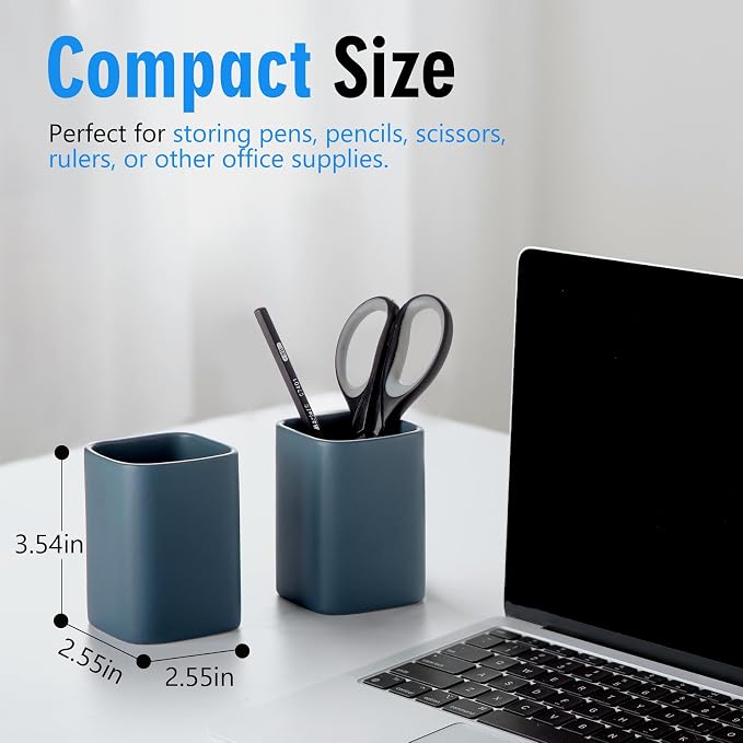 Ceramic Pen Holder Set of 2, Matte Square Pencil Cup for Desk, Heavyweight Stoneware Desk Organizer for Office Front Desk & Vanity, Modern Pen Cups Holder, Non-Slip Base - Matte blue