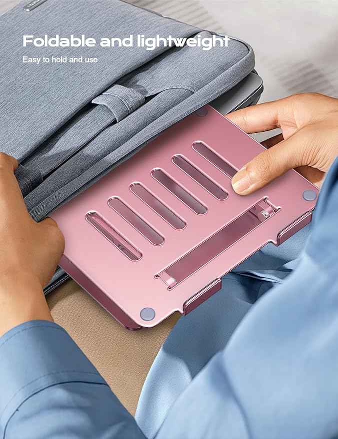 LOXP Aluminum Laptop Stand, Adjustable Laptop Stand for Desk Foldable | Portable Laptop Riser, Ergonomic Computer Notebook Holder for Desk, Office Desk Accessories (10-15.6'') - Pink