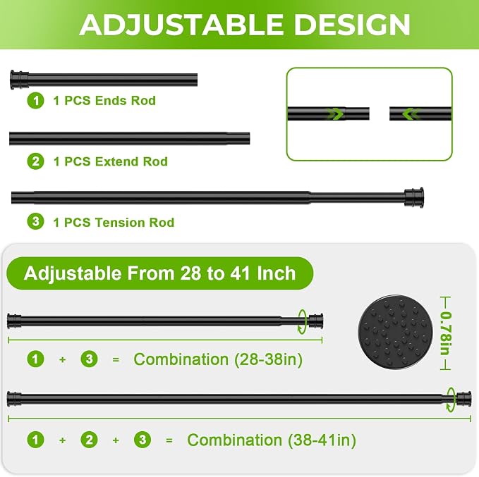 Spring Tension Rods 28-41 Inches No Drill Tension Curtain Rods Black Spring Loaded Curtain Rods Adjustable Small Short Tension Curtain Rod for Window,Kitchen,Doorway,Cupboard,Wardrobe