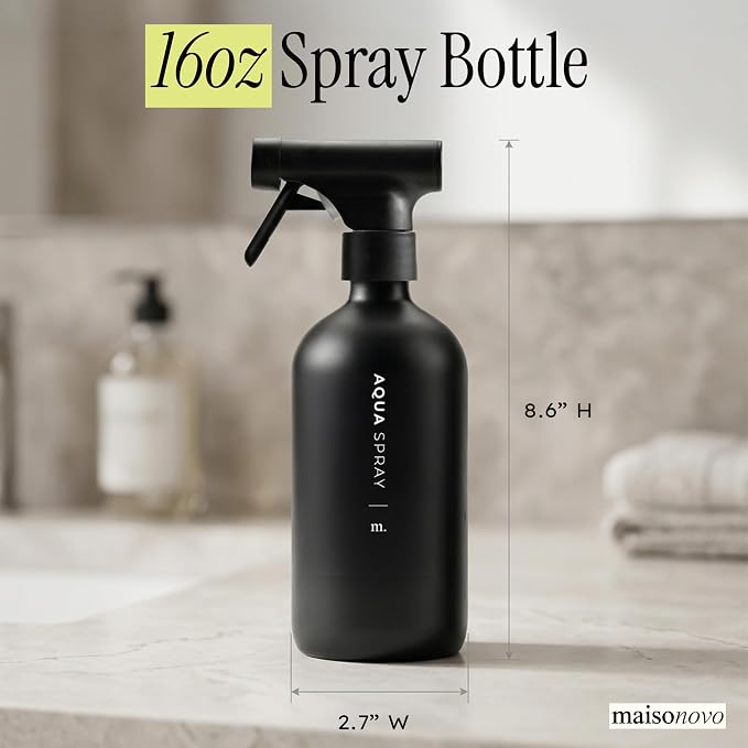 MaisoNovo Glass Spray Bottles 16.9 Oz Pack of 2 - Durable Black Spray Bottle with Fortified Glass & Fine Mist Pumps - Ideal for Salons, Barbers, Stylists, Pet Groomers & Daily Hair Care - 16 Labels