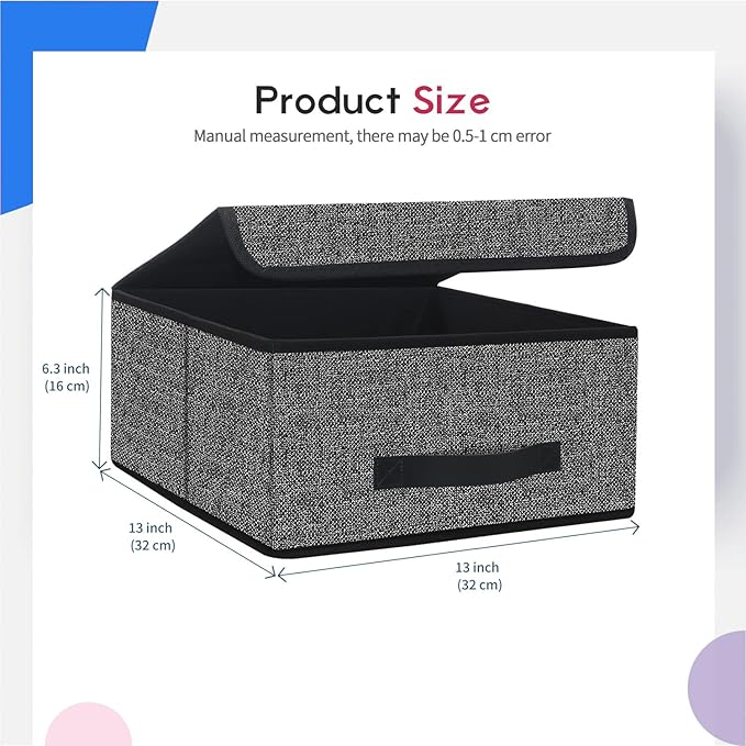 Onlyeasy Foldable Storage Bins Cubes Boxes with Lid - Storage Box Cube Cubby Basket Closet Organizer Pack of Two with Leather Handles for Closet Bedroom, 13"x13", Black, 8MXALB2P