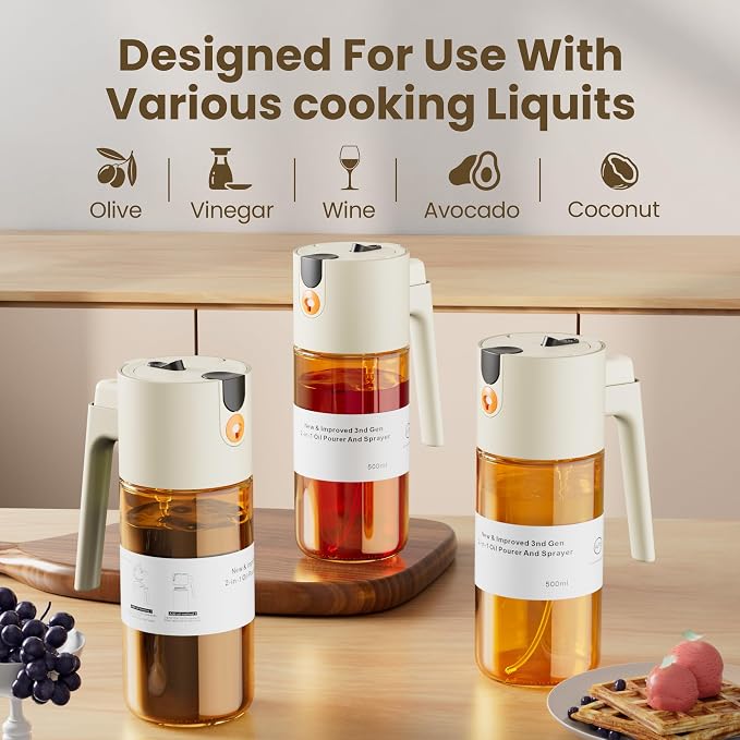LAKUMIQI 2 in 1 Oil Sprayer & Dispenser, 17 oz Light-Blocking Glass Bottle | Large Capacity, Wide-Mouth for Easy Pouring and Cleaning, Leak-Proof Oil Bottle with Stickers for Salads, Air Fryers, BBQ