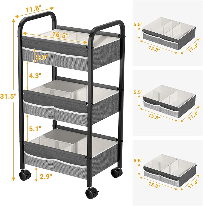 Baby Diaper Caddy Rolling Utility Cart, 3 Tier Baby Essentials Nursery Organizer and Storage with Dividers and Drawers for Crib, Bedroom, Art & Craft Organizer (Black)