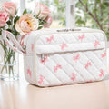 WOBAGMEN Quilted Pencil Pouch for Girls Women, Large Pencil Case Pouch with Compartments Cute Aesthetic Pencil Case Organizer, Floral Pencil Bag for School Supplies (Pink cute Bow)