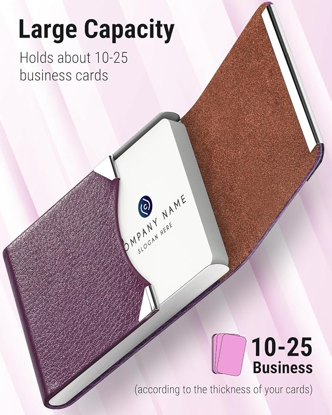 MaxGear Business Card Holder, PU Leather Business Card Case, Purple | Stainless Steel Interior, Magnetic Closure, RFID Blocking, Holds 15–25 Standard Business Cards