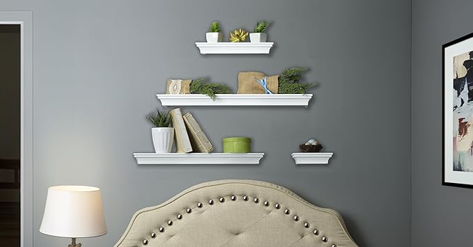 MELANNCO Floating Wall Shelves Set of 4, White Wood Display Shelves for Wall, Includes 6, 12, 20 and 24 Inch Sizes with Raised Edges and Mounting Hardware for Room Decor, Home Decor