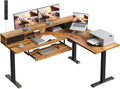 Casaottima 59" L Shaped Electric Standing Desk with Drawers, Rustic Brown | Monitor Stand, Keyboard Tray, Fabric Drawer, Power Outlets, Height Adjustable Corner Stand Up Desk for Organized Home Office