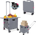 FELICON SELORSS Folding Utility Cart Rolling Crate Tote Basket Box Storage Handcart on 4 Swivel Wheels with Adjustable Handle Extended Magnetic Lid for Teacher Move Shop Travel Grocery Office(Gray)