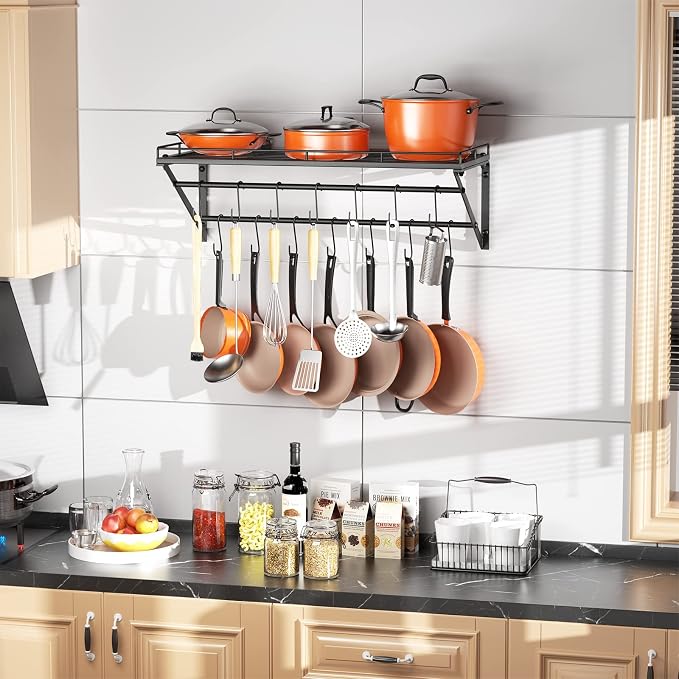 OROPY 31" Pot Rack Wall Mounted, Pot Organizer with 2 Tier Hanging Rails | Heavy Duty Pot and Pan Organizer with Storage Shelf & 12 S Hooks, Space Saving Hanging Pot Rack