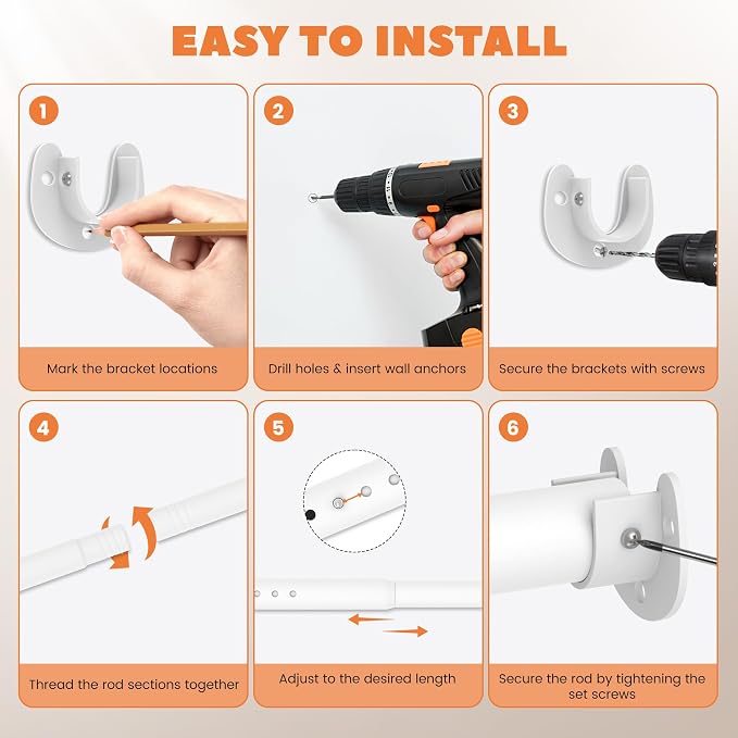 Metal Closet Rod 1.3" Heavy Duty Adjustable Hanging Rod 17-99 Inch | White, Stainless Steel, 1.3 Inch Diameter, Wall Brackets Included, For Hanging Clothes, Walk-In Closets, Laundry Rooms