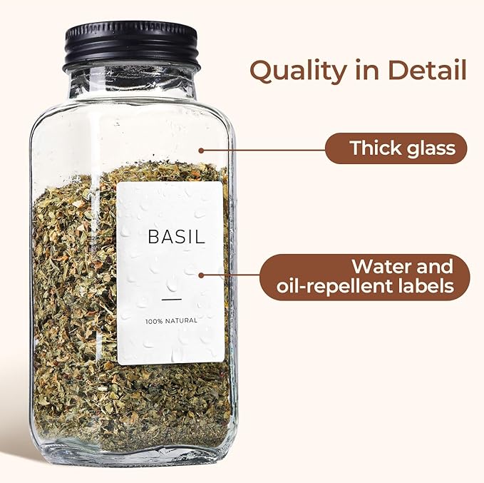 ComSaf Glass Spice Jars with with Labels 8 oz 6 Pack Square | Empty Containers, Seasoning Herbs Powders, Salt Pepper Chili, Spice Rack Organization, Kitchen Cabinet Storage