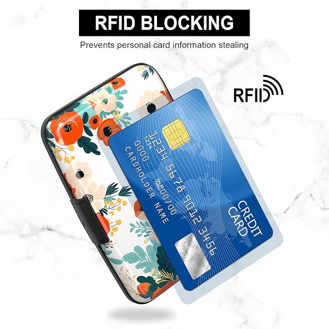 Card Holder Credit Cards Holder for Women RFID wallet women Business Card Holder Wallet Mini Aluminum Card Wallet RFID Blocking Slim Metal Hard Card for Women, Brightly Colored Flowers