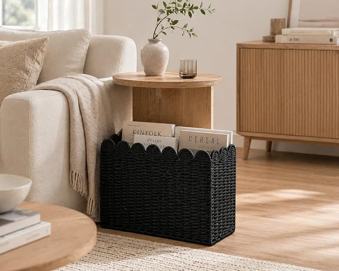 Black Paper Rope Magazine Holder, Tall Narrow Scalloped Basket | Handwoven Black Paper Rope Basket for Magazine Storage, Book Basket, Mail Organizer, File Holder 15"L x 6"W x 11"H
