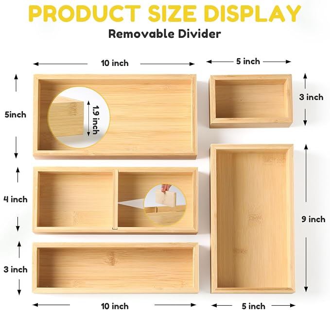 lilLittle Bamboo Drawer Organizer, 5 Pcs Multi Purpose Drawer Organizer Set | Wood Wax Oil Finish, Natural Bamboo, Sturdy, Space Saving, Versatile Storage, Easy to Clean
