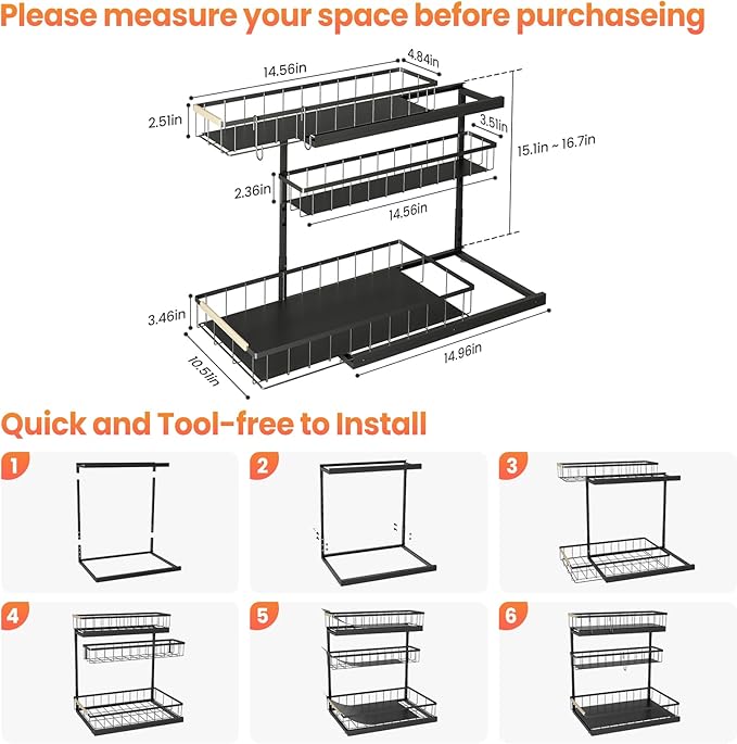 Under Sink Organizer and Storage for Bathroom and Kitchen - 2 Pack 3 Tier Under Cabinet Pull Out Shelf Organizers - Slide Out Drawer Organization for Home Cabinets Shelves and Drawers