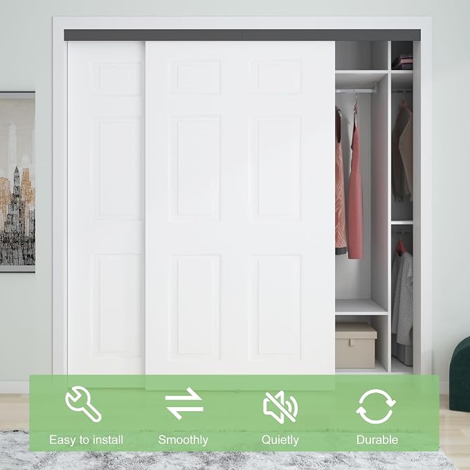 7FT/84(Double 3.5FT) Bypass Door Hardware, Aluminum Double-Closing Sliding Closet Door Hardware with Finger Pull Included, Smoothly and Quietly, Fit Door Thickness 1 3/8" or 1 3/4", Black