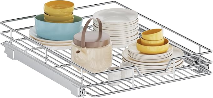 Pull Out Cabinet Organizer, 19.5" W x 21.5" D, Heavy Duty Chrome Slide Out Shelf for Base Cabinets, Sliding Wire Basket Drawer for Pantry Items, Bowls, Containers & Cleaning Supplies