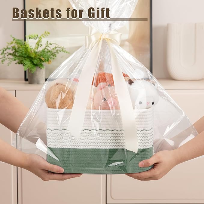 OIASKET 4 Pack Storage Baskets for Organizing, 13"X9"X7.87", Decorative Cotton Rope Baskets for Shelves, Small Woven Basket for Toys, Books and Towels, Green & White