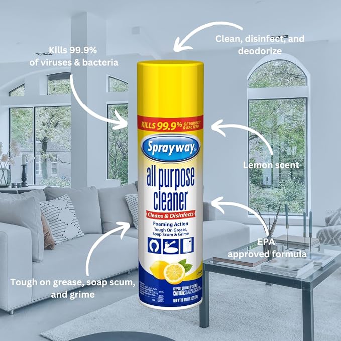 Sprayway All Purpose Cleaner Foaming Spray | Lemon Scent | 19oz | 1 Pack | Disinfectant, Foaming Multi-Surface Cleaner, Cuts Grease & Grime | Kills 99.9% of Germs