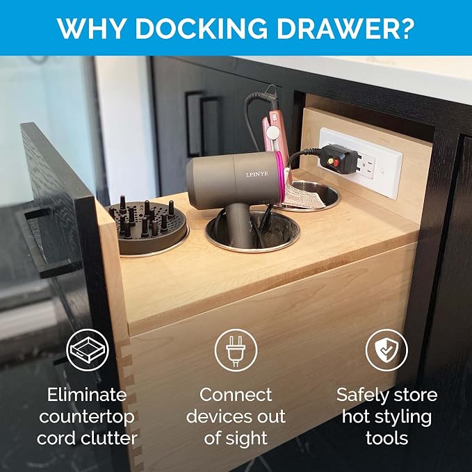 Docking Drawer 2.0" Canister for Hot Tools, Hair Dryer, Curling Iron, and Flat Iron Holder Tube RIng Capped Stainless Steel