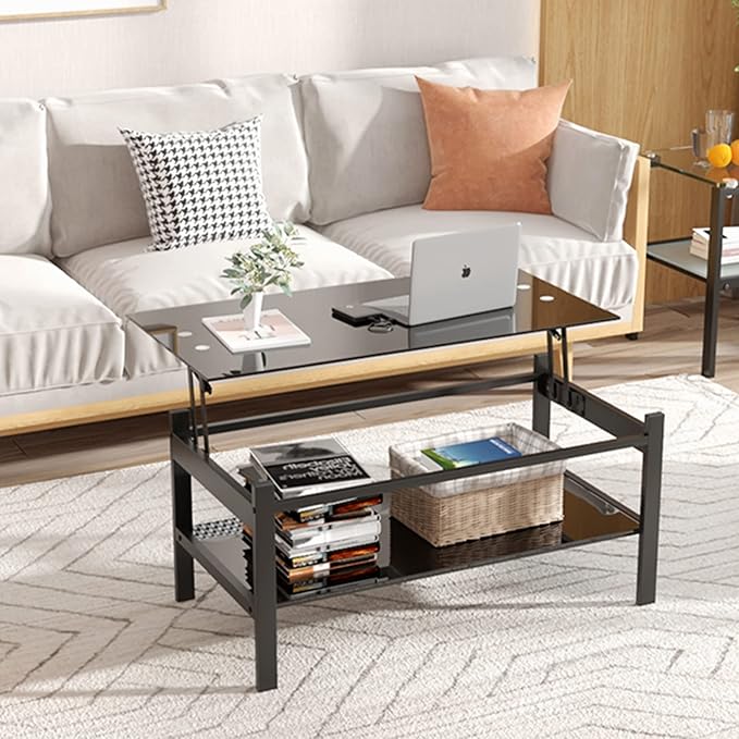 Meihua Lift Top Glass Coffee Table with Storage Compartment and Separated Open Shelves, Lift Tabletop for Living Room Home, Office, Black