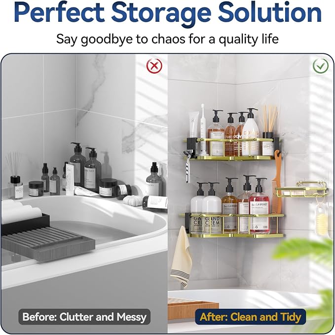 YASONIC Corner Shower Caddy Adhesive, 100% Rustproof Shower Organizer with Soap and Troothbrush Holder, No Drill Shower Shelf for Inside Shower, Wall-Mounted Shower Storage for Homes (3 Pack, Gold)