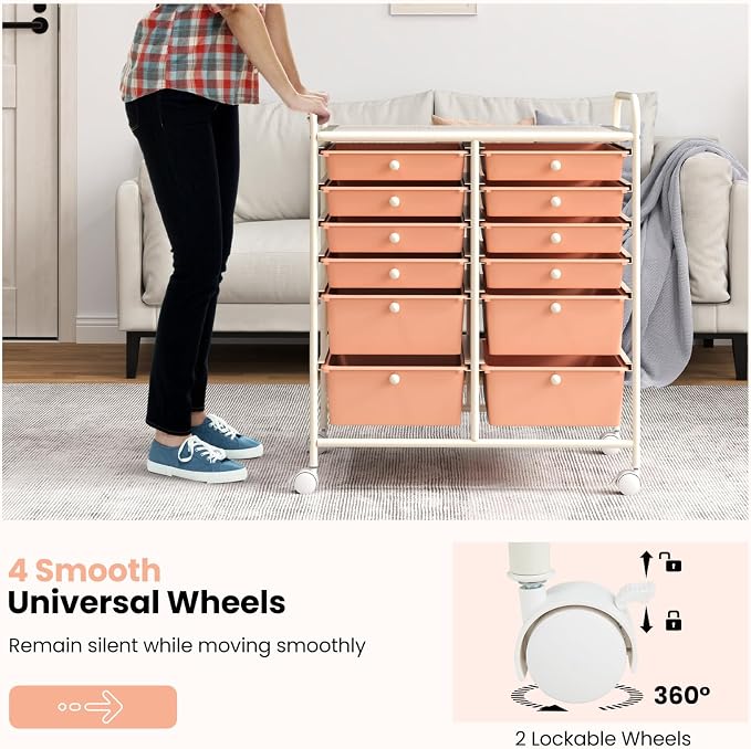 BECOMFORT 12-Drawer Rolling Cart with Drawers, Storage Cart on Wheels, Teacher Classroom Organizers with Metal Frame, Mobile Craft Cart, Trolley Utility Cart for School Office Play Room