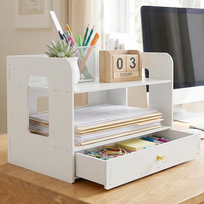 Desk Organizer, 2-Tier File Organizer for Desk with Drawer, Letter Tray Paper, Desktop Document Sorter for Letter, File Folder Holder for Office, Home or School- White MLT002W2