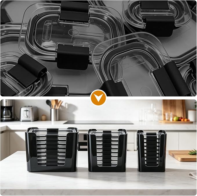 Lid Holder for Rubbermaid Brilliance Lids Organizer, 3-Pack Holds 24 Lids for Kitchen Cabinet, Drawer, Countertop Storage, Ventilated & Easy Find Lids (Black)